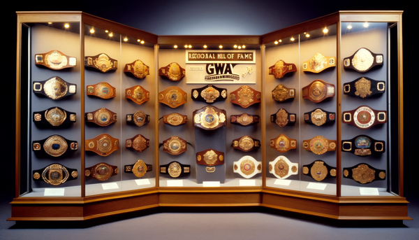 1983 photo of GWA Hall of Fame display case with regional championship belts, each mounted in a glass case.